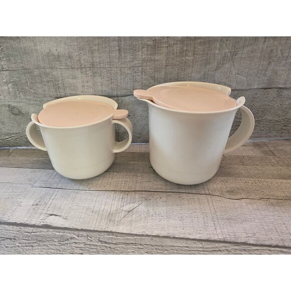 Tupperware Sugar Creamer With Lids 12 Oz 350ml Made In USA White & Beige - Picture 1 of 7